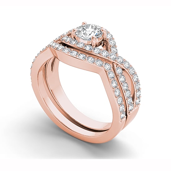 Womens 1 1/2 CT. T.W. Natural White Diamond 14K Gold Round Side Stone Halo Bridal Set