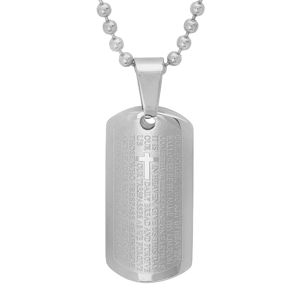 Steeltime Lord'S Prayer Mens Stainless Steel Cross Dog Tag 24 Inch Pendant Necklace