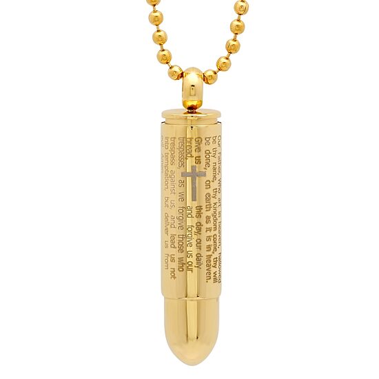 Steeltime Lord'S Prayer Bullet Mens 18K Gold Stainless Steel Cross 24 Inch Pendant Necklace