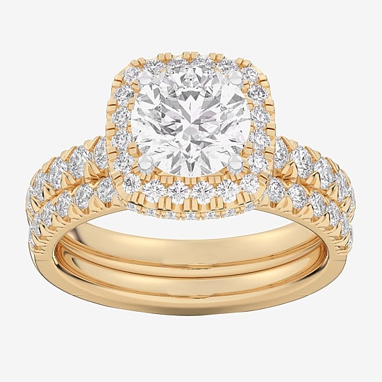 (G-H / Si1-Si2) Womens 1 5/8 CT. T.W. Lab Grown White Diamond 14K Gold Round Side Stone Halo Bridal Set