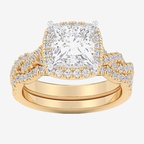 (G-H / Si1-Si2) Womens 3 3/4 CT. T.W. Lab Grown White Diamond 14K Gold Side Stone Halo Bridal Set, 8, Yellow