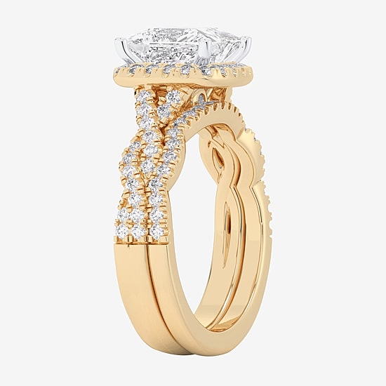 (G-H / Si1-Si2) Womens 3 3/4 CT. T.W. Lab Grown White Diamond 14K Gold Side Stone Halo Bridal Set