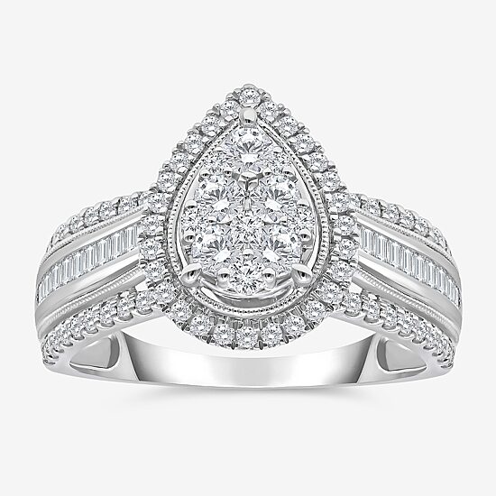 Womens 1 CT. T.W. Natural White Diamond 10K Gold Pear Side Stone Halo Engagement Ring