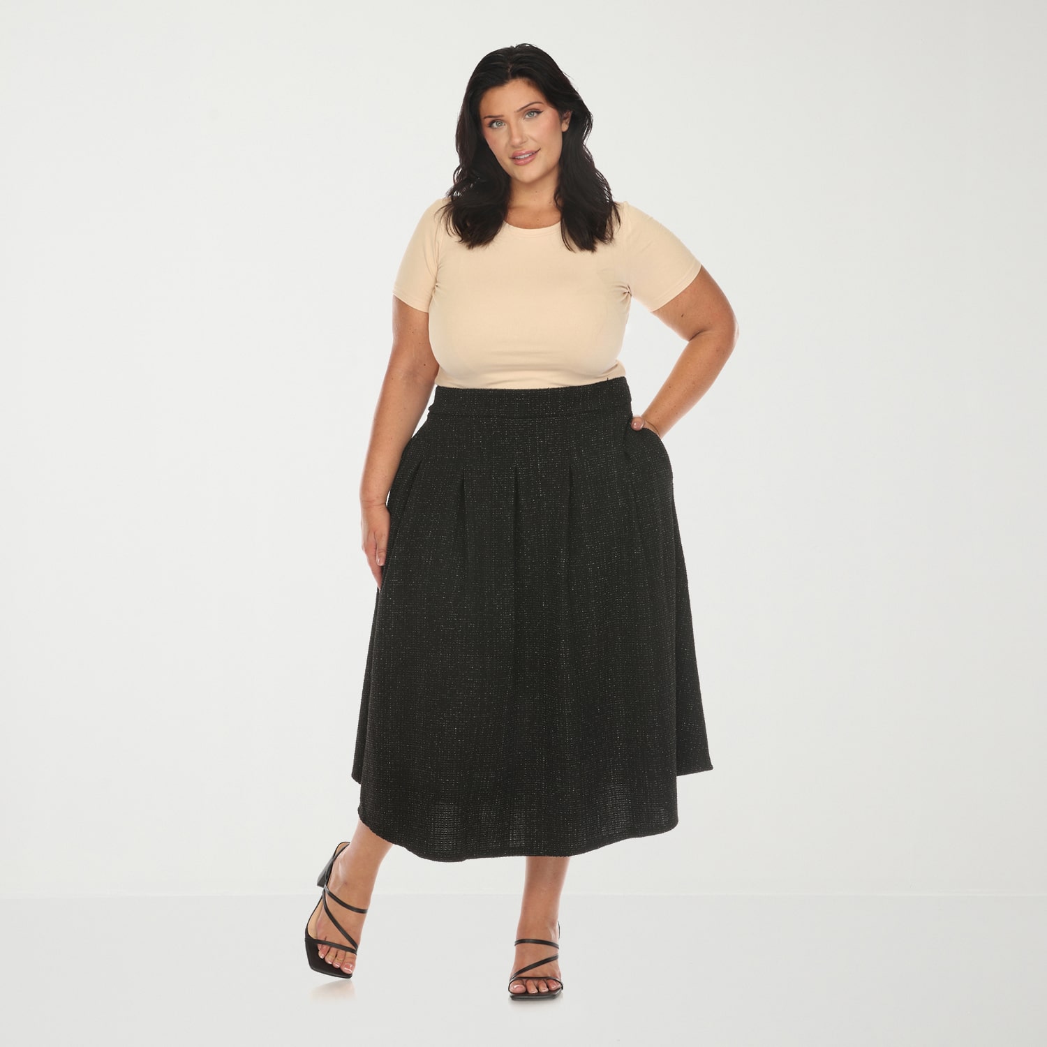 White Mark Womens Plus High Rise Midi Flared Skirt