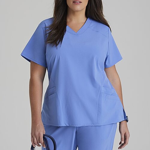 Barco One 5106 Pulse 5-Pocket Womens Plus V Neck Short Sleeve Tag Free Stretch Fabric Moisture Wicking Scrub Top, 5x-large, Blue