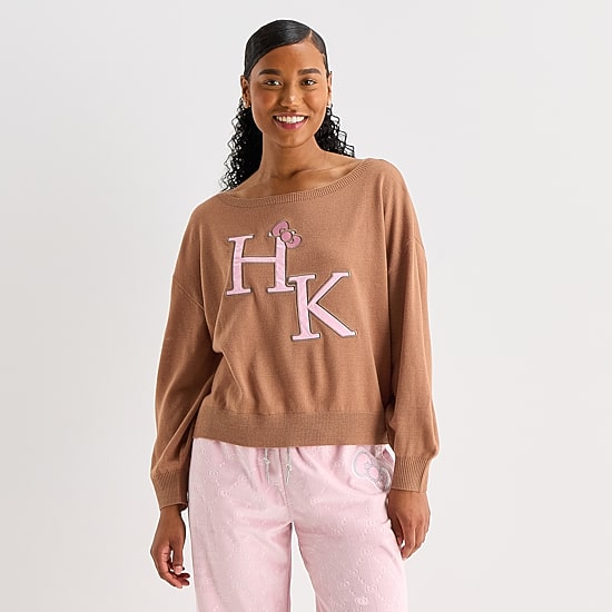 Juniors Girls Night In Off The Shoulder Womens Long Sleeve Hello Kitty Pullover Sweater