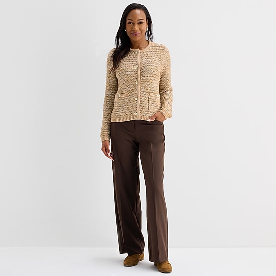 Liz Claiborne Womens Crew Neck Long Sleeve Button Cardigan