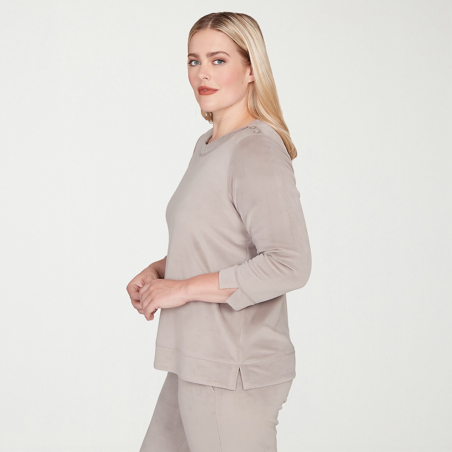 Alfred Dunner Calm Luxe Womens Boat Neck 3/4 Sleeve Sweatshirt