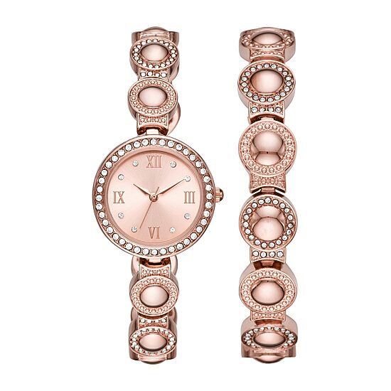 Geneva Womens Crystal Accent Rose Goldtone 2-pc. Watch Boxed Set Fmdjset039