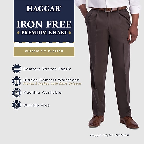 Haggar Iron Free Premium Khaki Mens Classic Fit Pleated Pant