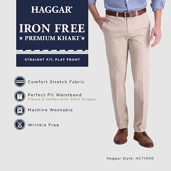 Haggar Iron Free Premium Khaki Mens Comfort Waistband Straight Fit Flat Front Pant