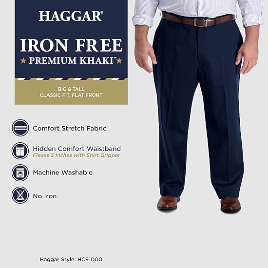 Haggar Iron Free Premium Khaki Mens Classic Fit Big and Tall Flat Front Pant
