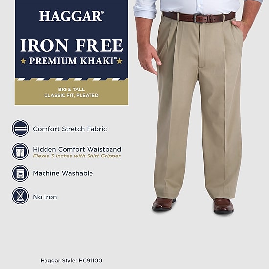 Haggar Iron Free Premium Khaki Mens Classic Fit Big and Tall Pleated Pant