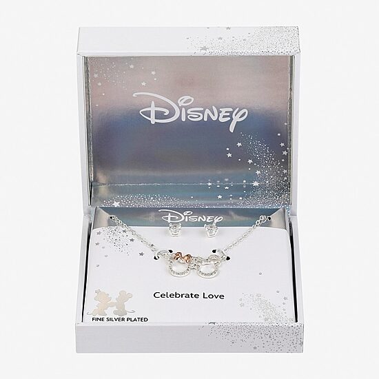 Disney Classics Womens Cubic Zirconia 14k Rose Gold Over Brass Pure Silver Over Brass Mickey Mouse Minnie Mouse 2-pc. Jewelry Set
