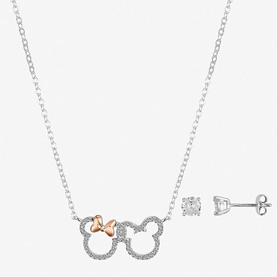 Disney Classics Womens Cubic Zirconia 14k Rose Gold Over Brass Pure Silver Over Brass Mickey Mouse Minnie Mouse 2-pc. Jewelry Set