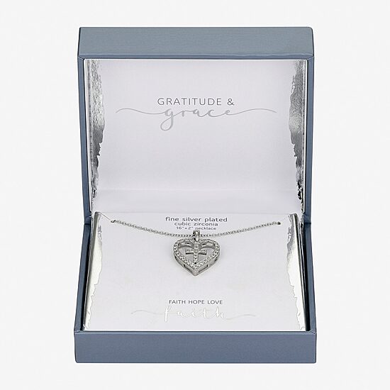 Gratitude & Grace Faith Womens Cubic Zirconia Pure Silver Over Brass Cross Heart 16 Inch Pendant Necklace
