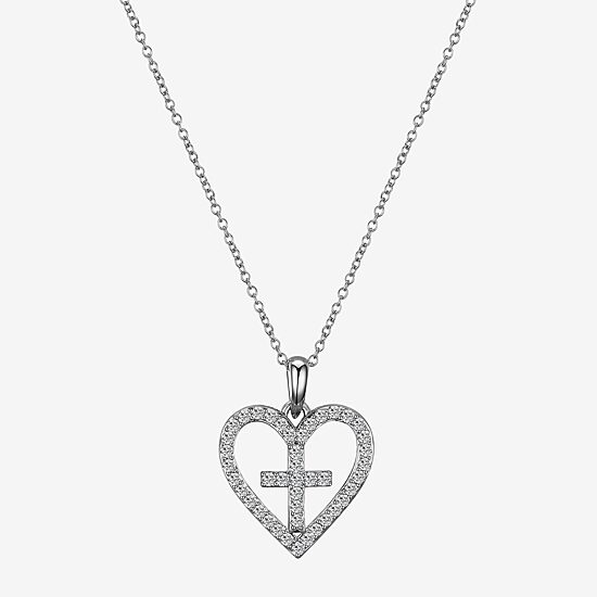 Gratitude & Grace Faith Womens Cubic Zirconia Pure Silver Over Brass Cross Heart 16 Inch Pendant Necklace