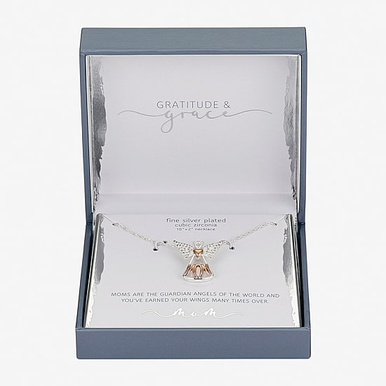 Gratitude & Grace Mom Womens Cubic Zirconia 14K Gold Over Brass Pure Silver Over Brass Angel 16 Inch Pendant Necklace