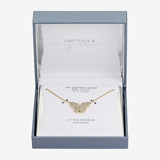 Gratitude & Grace Dream Womens Cubic Zirconia 14K Gold Over Brass Butterfly 16 Inch Pendant Necklace