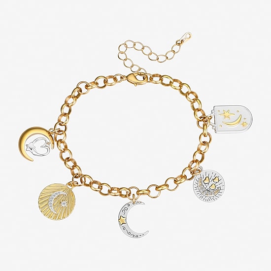 Footnotes Love Womens Cubic Zirconia 14K Gold Over Brass Pure Silver Over Brass Moon Star Charm Bracelet