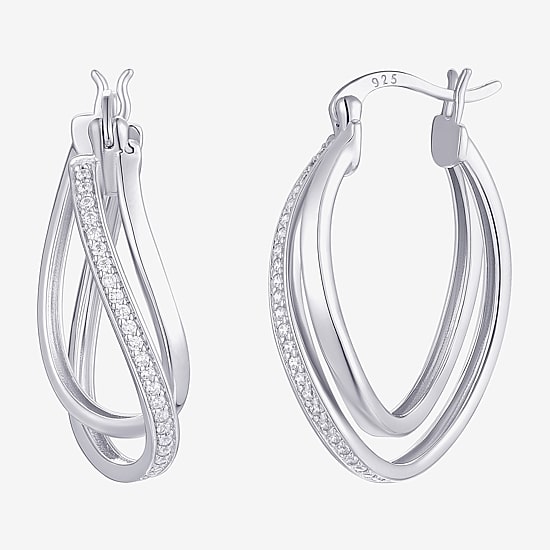 Womens Cubic Zirconia Sterling Silver 28mm Round Hoop Earrings