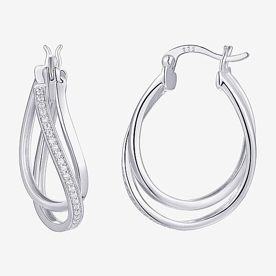 Womens Cubic Zirconia Sterling Silver 28mm Round Hoop Earrings