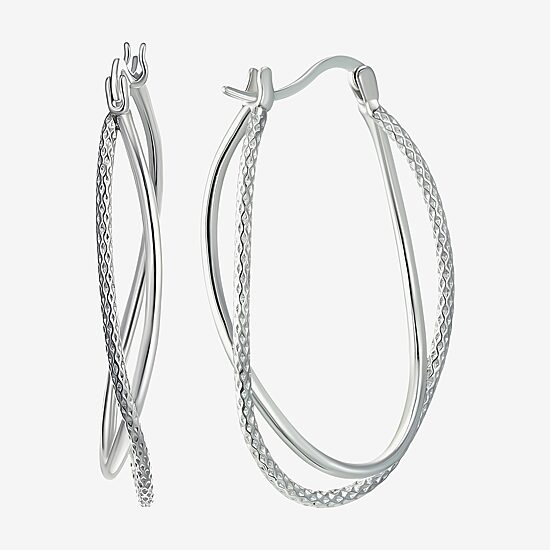 Womens Sterling Silver 37mm Oval Hoop Earrings