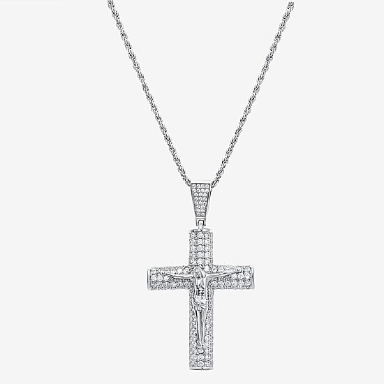 Mens White Cubic Zirconia Sterling Silver Cross 24 Inch Pendant Necklace