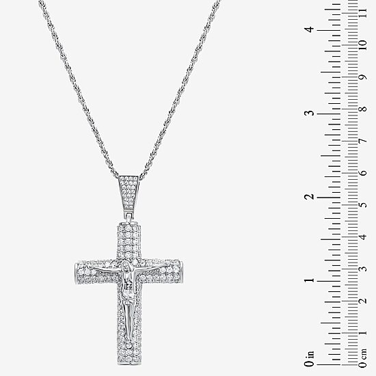 Mens White Cubic Zirconia Sterling Silver Cross 24 Inch Pendant Necklace
