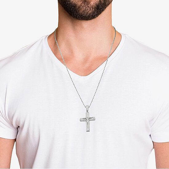 Mens White Cubic Zirconia Sterling Silver Cross 24 Inch Pendant Necklace