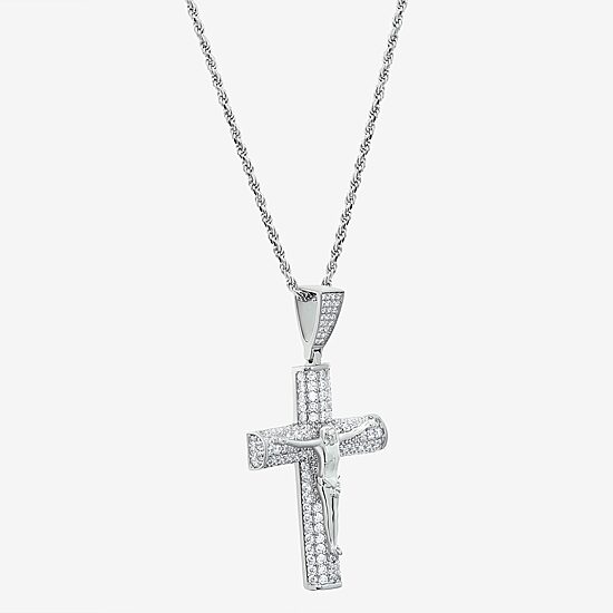 Mens White Cubic Zirconia Sterling Silver Cross 24 Inch Pendant Necklace
