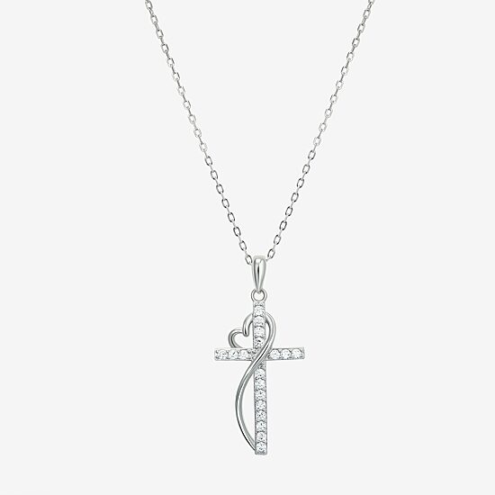 Diamonart Womens White Cubic Zirconia Sterling Silver Cross Heart 18 Inch Pendant Necklace