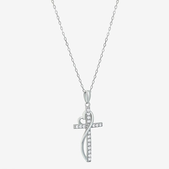 Diamonart Womens White Cubic Zirconia Sterling Silver Cross Heart 18 Inch Pendant Necklace