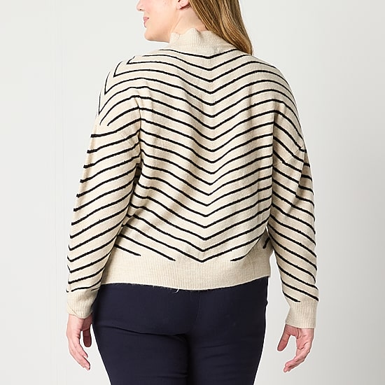 Liz Claiborne Plus Womens Mock Neck Long Sleeve Chevron Pullover Sweater