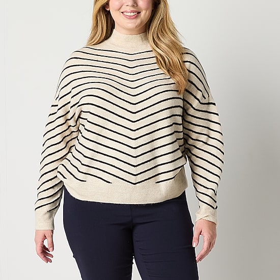 Liz Claiborne Plus Womens Mock Neck Long Sleeve Chevron Pullover Sweater