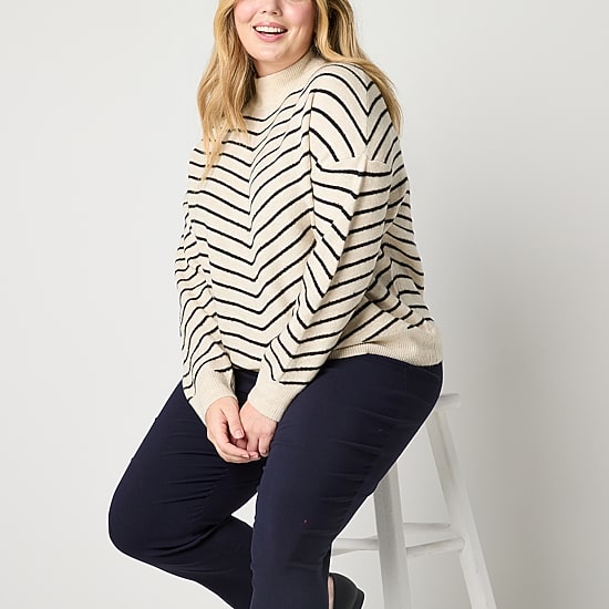 Liz Claiborne Plus Womens Mock Neck Long Sleeve Chevron Pullover Sweater