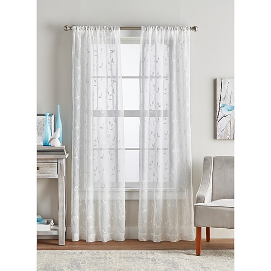 CHF Botanical Embroidery Rod Pocket Embroidered Sheer Set of 2 Curtain Panel