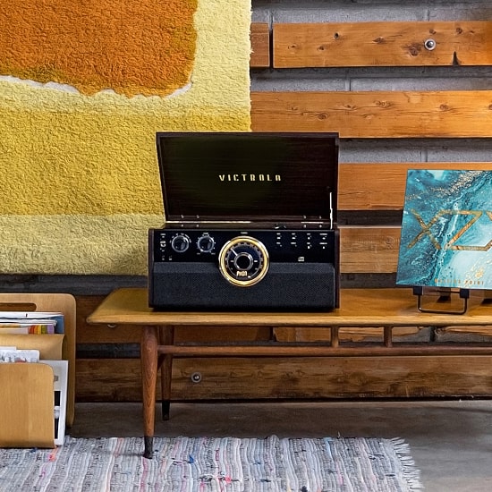 Victrola VTA-270B 6-in-1 Wood Bluetooth Mid-Century Record Player with 3-Speed Turntable, CD, Cassette Player and Radio