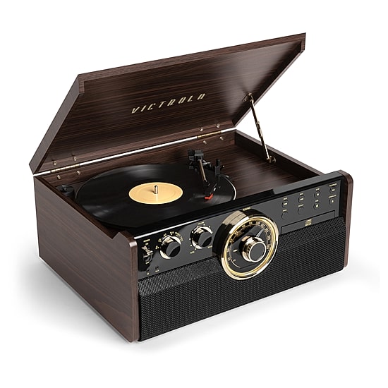 Victrola VTA-270B 6-in-1 Wood Bluetooth Mid-Century Record Player with 3-Speed Turntable, CD, Cassette Player and Radio