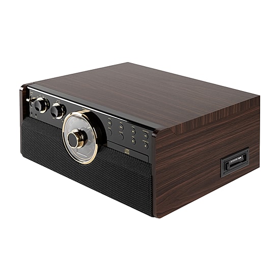 Victrola VTA-270B 6-in-1 Wood Bluetooth Mid-Century Record Player with 3-Speed Turntable, CD, Cassette Player and Radio