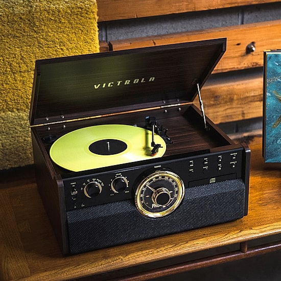 Victrola VTA-270B 6-in-1 Wood Bluetooth Mid-Century Record Player with 3-Speed Turntable, CD, Cassette Player and Radio