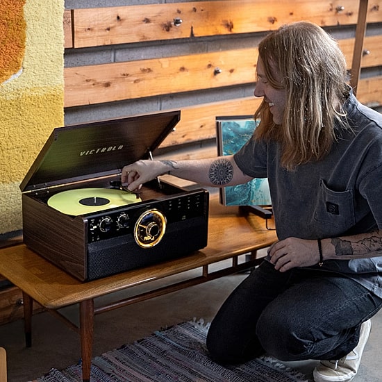 Victrola VTA-270B 6-in-1 Wood Bluetooth Mid-Century Record Player with 3-Speed Turntable, CD, Cassette Player and Radio