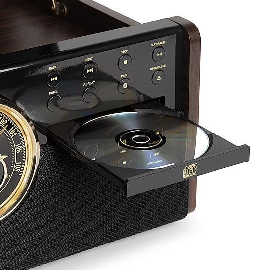 Victrola VTA-270B 6-in-1 Wood Bluetooth Mid-Century Record Player with 3-Speed Turntable, CD, Cassette Player and Radio