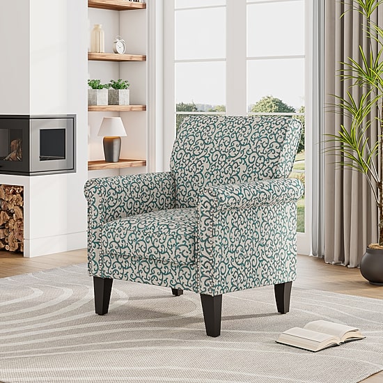 Jean Traditional Rolled Arm Accent Chair with Pewter Nailheads in Curly Vine Pattern