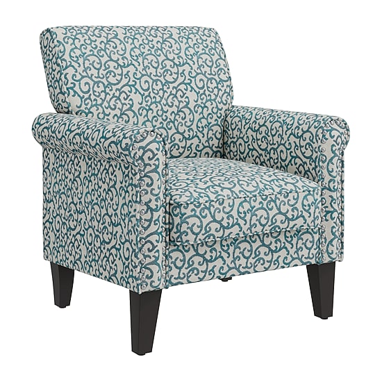 Jean Traditional Rolled Arm Accent Chair with Pewter Nailheads in Curly Vine Pattern