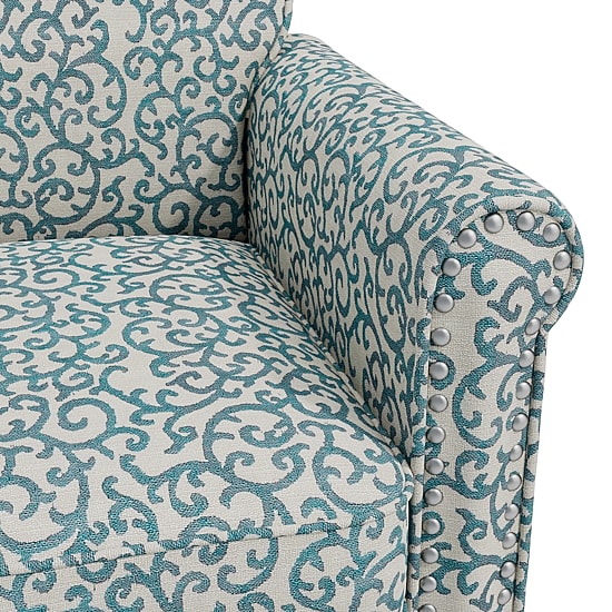 Jean Traditional Rolled Arm Accent Chair with Pewter Nailheads in Curly Vine Pattern