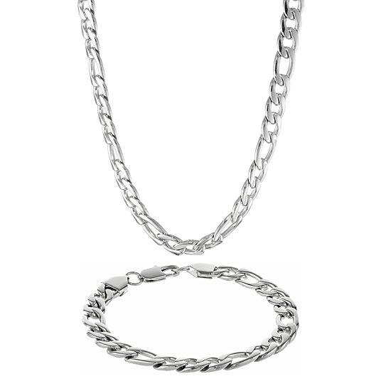 Mens Stainless Steel 9mm Figaro Chain & Bracelet Boxed Set