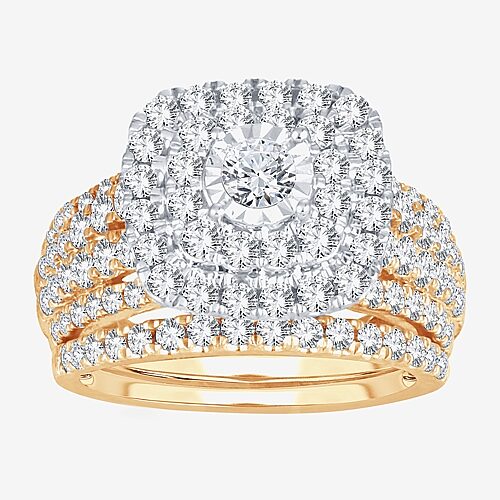 Womens 2 CT. T.W. Natural White Diamond 10K Gold Cushion Halo Bridal Set, 9