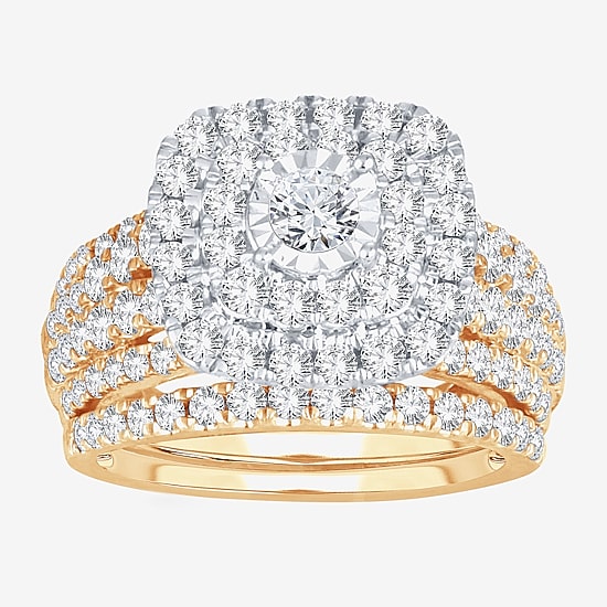 Womens 2 CT. T.W. Natural White Diamond 10K Gold Cushion Halo Bridal Set
