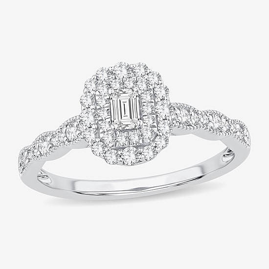 Womens 1/2 CT. T.W. Natural White Diamond 10K Gold Oval Side Stone Halo Engagement Ring